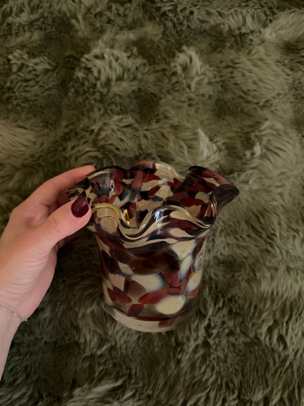 VINTAGE Hand-Blown Art Glass Vase in Brown and Cream